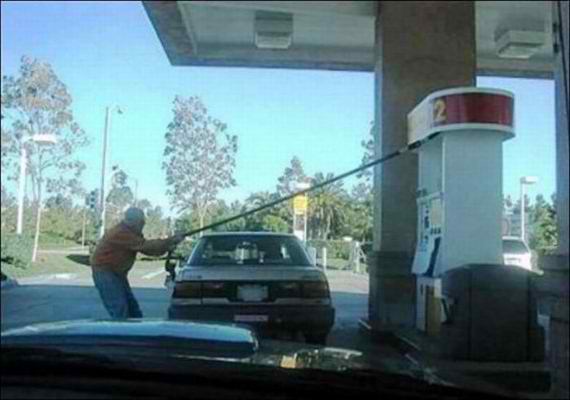 really Old man fueling car wrong side fail